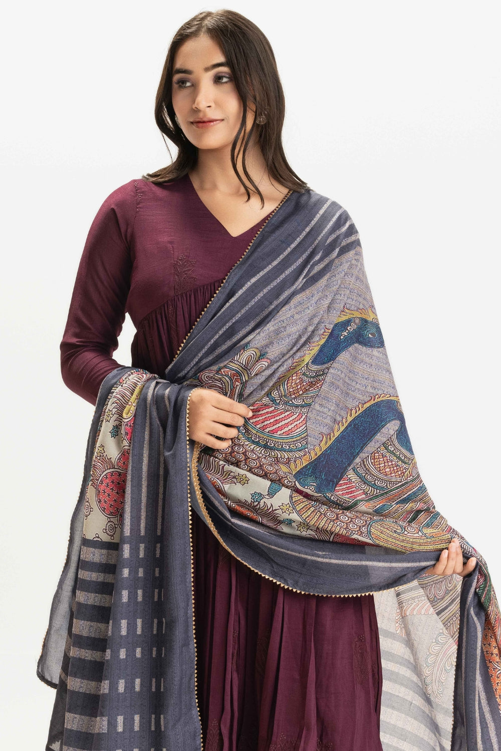 WINE PURE CHINNON COTTON EMBROIDERED SUIT SET WITH CONTRAST DUPATTA