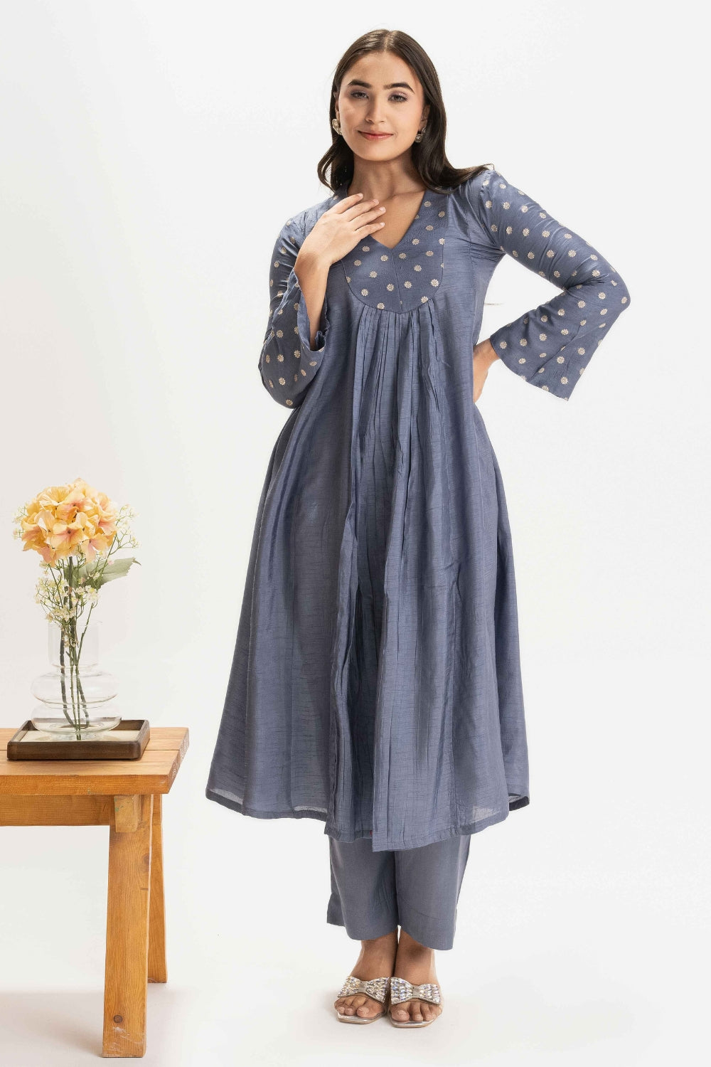STEEL BLUE BUTTI WORK DELICATE PURE MUSLIN SOFT CO-ORD SET